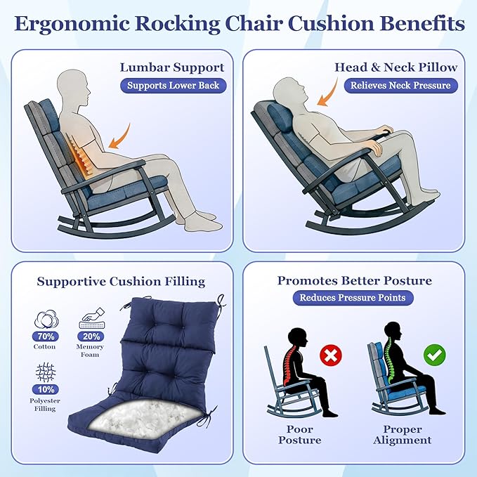 Rocking Chair Cushion, Waterproof and Fade-Resistant Adirondack Rocker Cushions, Indoor/Outdoor Rocking Chair Pads, High Back Memory Foam Patio Furniture Cushions with Ties, 44x23x4 Inch, Navy Blue