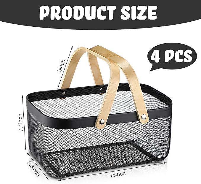 Sadnyy 4 Pcs Black Easter Metal Wire Storage Basket with Handle Mesh Harvest Durable Vegetables Fruit Toy Basket for Garden Organizing, Kitchen, Countertop, Closet, Bedroom (16 x 9.8 x 7.1 Inch)