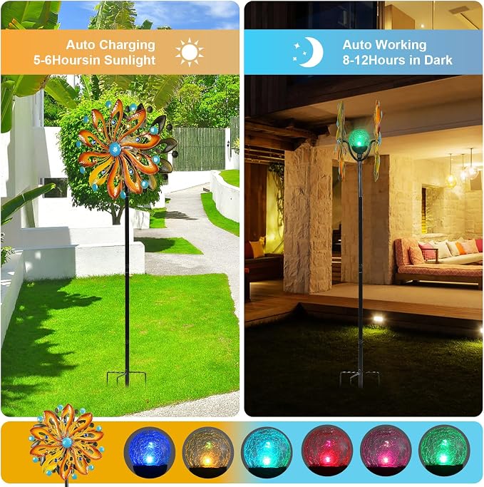 MLKNK Wind Spinners for Yard and Garden - Wind Sculptures & Spinners | Wind Spinners Outdoor 75 Inch, Kinetic Art with Solar Powered Multi-Color Glass Ball Light