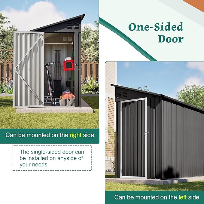 YOPTO 4×8 FT Lean to Metal Shed,Outdoor Heavy-Duty Storage Shed with Floor Base,All Weather Waterproof Garden Tool House W/Lockable Door&2 Air Vent,Reversible Door Design,for Backyard,Patio,Lawn,Black