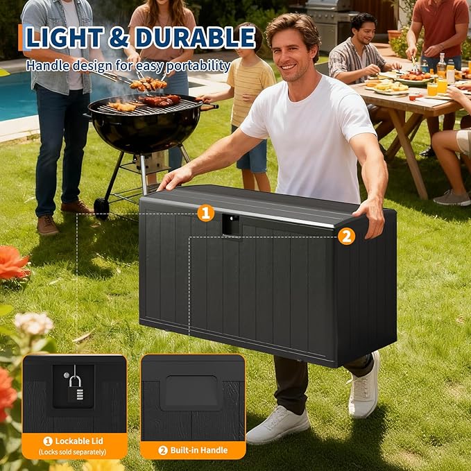 GarveeLife 130 Gallon Outdoor Storage Box, Large Resin Deck Box with Hydraulic Air Rod, Weatherproof & Lockable Outdoor Storage Bin for Patio Cushions, Garden Tools, Pool Supplies, Porch, Black