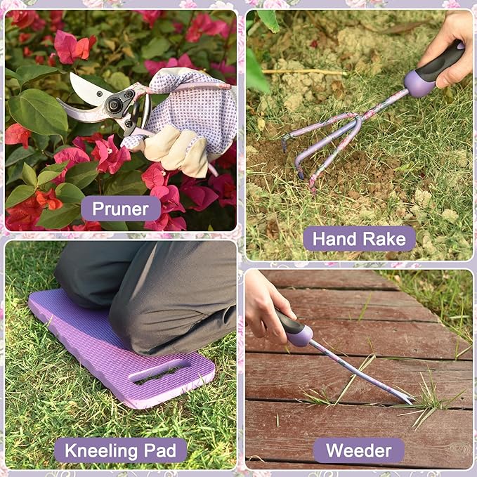 Gardening Tools, WisaKey 10 Piece Heavy Duty Purple Garden Tool Set Durable Garden Supplies Organizer Bag Garden Hand Tools Grandmother Granny for Woman
