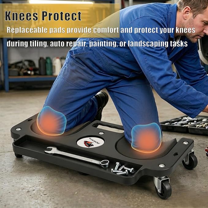 Rolling Knee Creeper with 5 Swivel Castors and Tool Tray Rolling Knee Pads for Home Workshop, Auto Shop, Garden, Flooring, Garage，Mechanics Creeper，Black