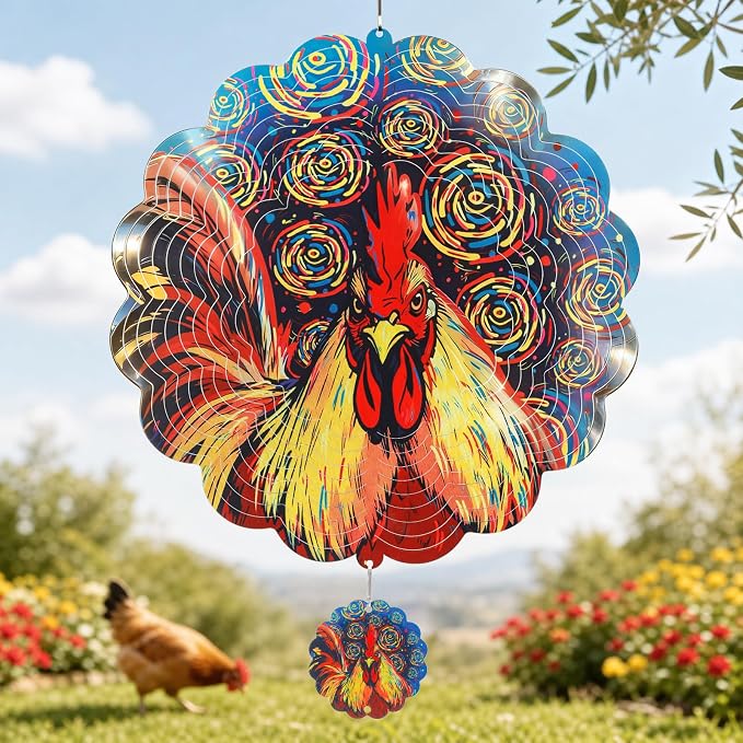 Rooster Wind Spinners Outdoor for Mother's Day, IDEA SHOW 12In Stainless Steel Wind Spinners, 3D Kinetic Hanging Sculpture, Rustproof Metal Garden Decor Ornaments for Yard Art, Women, Men, Holidays
