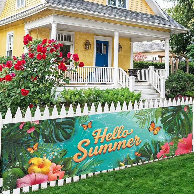 10x3 ft Extra Large Summer Banner Outdoor 115''x35'' Hello Summer Banner for Fence Outside Garden Large Flower Banners Yard