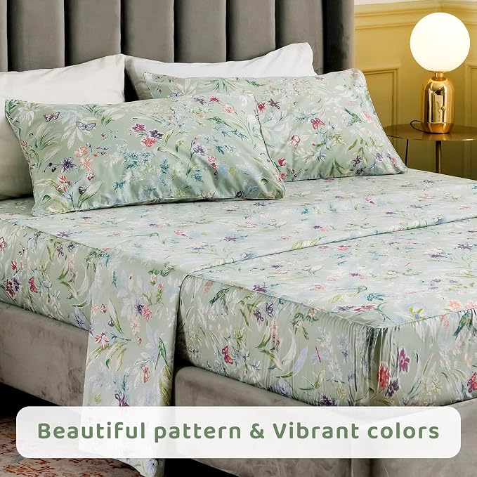 QSH Floral King Size Sheet Sets - Green Flower Bird Butterfly Print Botanical Bedding Egyptian Cotton Printed Sheets King Size Bed Extra Soft and Breathable 17.5" Deep Pockets Bed Sheets 4pcs