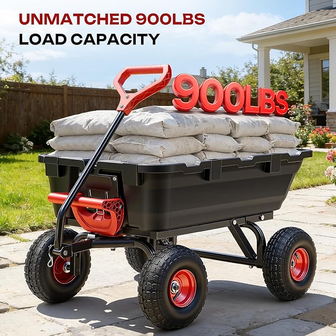 900LB Garden Dump Cart, 2026 Upgraded Heavy Duty Wheelbarrow Cart with 10" Non-Slip Pneumatic Tires & Quick-Release System, 4-Wheel Steel Frame Wagon for Transportation in Yard, Farm, Garden