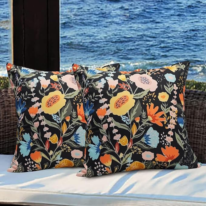 Floral Outdoor Throw Pillow Covers 20x20 Waterproof Colorful Summer Spring Garden Decorative Square Patio Pillows Outdoor Pillows Covers for Patio Furniture Set of 2 (No Pillow Insert)
