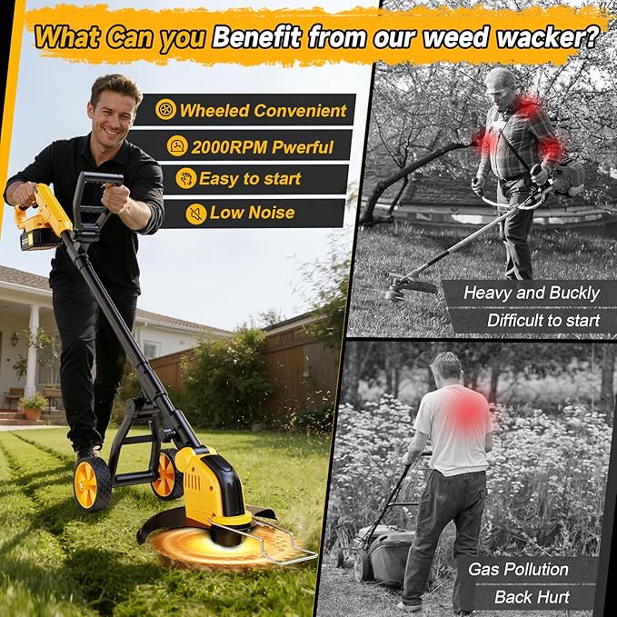20000 RPM Brushless Electric Weed Wacker Cordless, 12'' Wheeled Weed Eater Battery Powered Brush Cutter, 4-in-1 Grass Trimmer Stringless Weed Trimmer Lawn Mower Edger W/Wheel Metal Blade Battery