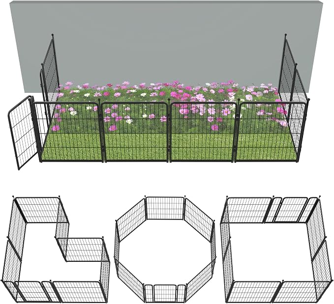 FXW Garden Fence Outdoor for the Yard – 32in(H) x 18.2ft(L) Heavy Duty Metal Animal Barrier for Dog, No Dig Decorative Dog Fence, 8 Panels, Black
