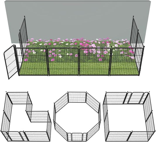 FXW Garden Fence Outdoor for the Yard – 32in(H) x 18.2ft(L) Heavy Duty Metal Animal Barrier for Dog, No Dig Decorative Dog Fence, 8 Panels, Black