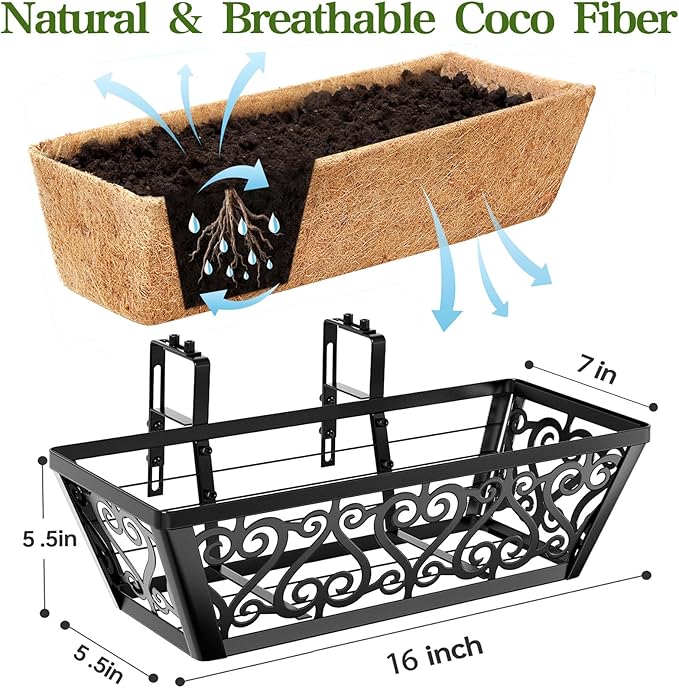 2 Pack 16 Inch Deck Railing Planter Box - Window Boxes Planters with Adjustable Brackets Coco Liners Balcony Planters Railing Hanging for Wind