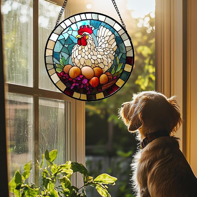DASTOLL Stained Glass Window Hanging White Chicken Hatching Eggs Large 11.8" - Suncatcher Door Garden Sunroom Sun Catcher Home Decor Birthday Christmas for Mom Men Woman Nana