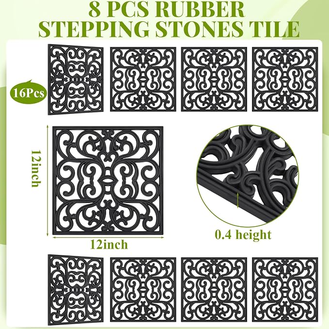 Pangda 16 Pcs Rubber Stepping Stones Outdoor Garden Walkway, 12 x 12 Inch Heavy Duty Pathway Pavers Retro Decorative Stepping Stones for Outside Landscaping Yard Lawn Path (Scroll Square,Black)