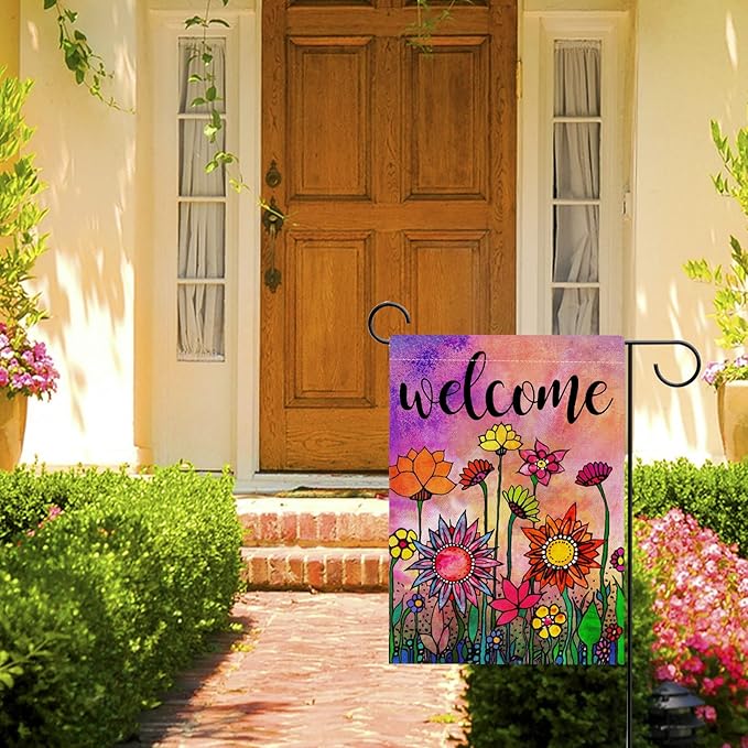 Hzppyz Welcome Spring Summer Watercolor Garden Flag Double Sided, Flowers Decorative House Yard Lawn Outdoor Small Burlap Flag Vintage Sunflower Decor Farmhouse Seasonal Outside Decorations 12 x 18