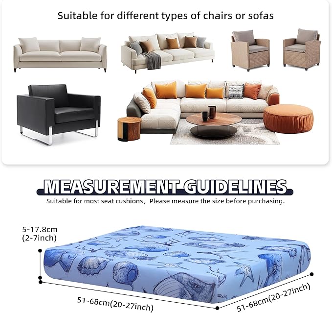 8Pcs Patio Cushion Covers,Outdoor Cushions Covers,Stretch Cushion Covers Replacement, Washable and Reusable Furniture Protectors(Shells & Fish)