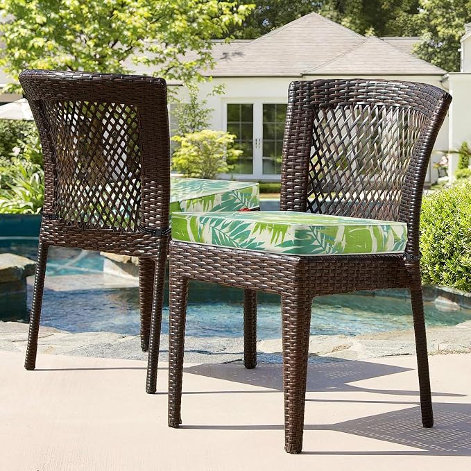 Patio Chair Cushions 22x22 Inch, Water Repellent Outdoor Seat Cushions with Adjustable Straps, Fade Resistant Replacement Cushions for Garden Deck Sofa Couch, Set of 2, Green Leaf