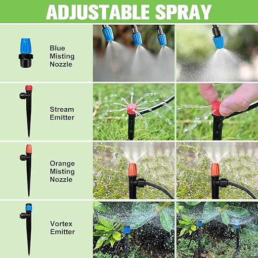 250FT Drip Irrigation System for Garden with 20 Nozzles & Emitters, Garden Watering System with 1/2" & 1/4" Tube and Barbed Fittings - Adjustable Sprinklers Kit for Greenhouse, Lawn, Raised Bed