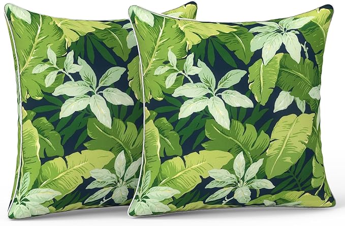 LVTXIII Outdoor Throw Pillows 20x20 Patio Waterproof Square Pillows with Piping Fade Resistant Accent Pillow for Spring Summer Garden Decoration, Set of 2, Jungle Leaves