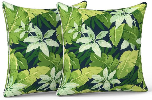 LVTXIII Outdoor Throw Pillows 20x20 Patio Waterproof Square Pillows with Piping Fade Resistant Accent Pillow for Spring Summer Garden Decoration, Set of 2, Jungle Leaves