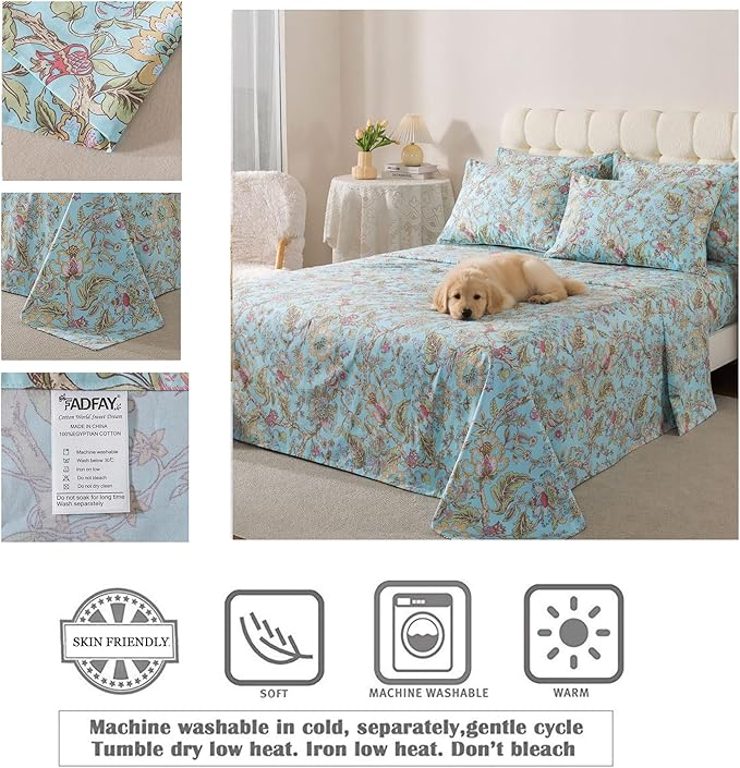 FADFAY King Sheet Set 4 Piece 100% Egyptian Cotton Bed Sheets Deep Pocket, Soft Breathable Vintage Blue French Country Bedding Shabby Cottagecore Floral Bedding Luxury Hotel Quality for All Seasons