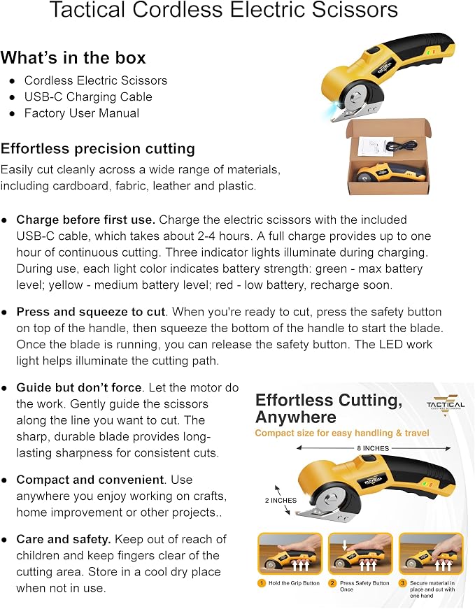 Tactical Electric Scissors Cordless Cardboard Cutter Electric Box Cutter for Cardboard Heavy Duty 4V Rechargeable Power Scissors with Safety Lock LED Light for Carpet Plastic Leather