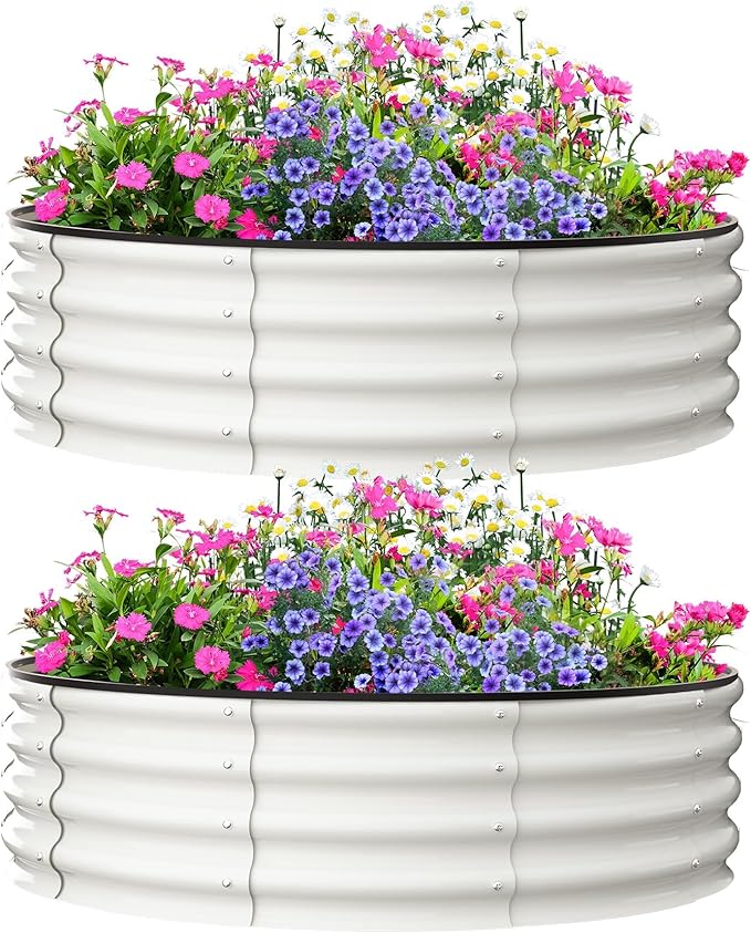 Garvee Galvanized Raised Garden Bed, 2Pcs Raised Garden Beds Outdoor, Round Planter Raised Beds with Gloves and Rubber Edge Trim for Vegetables, Flowers and Herbs, 2x2x1 FT, White