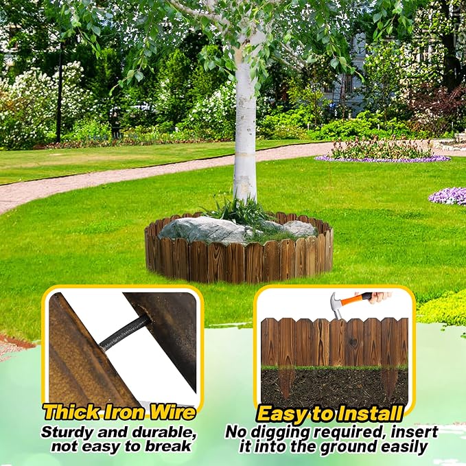 Wooden Garden Edging - 7.9ft x 8in Weather-Resistant Pine Landscape Border Fence for Outdoor Patio Lawns Yard Flower Beds Decoration