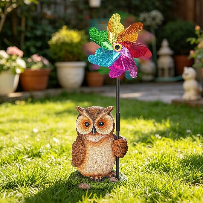 Owl Wind Spinners Garden Decor, Outdoor Resin Yard Statue & Colorful Reflective Spinners for Flower Bed, Lawn, Backyard Outdoor Decor Gifts for Women, Garden Lover
