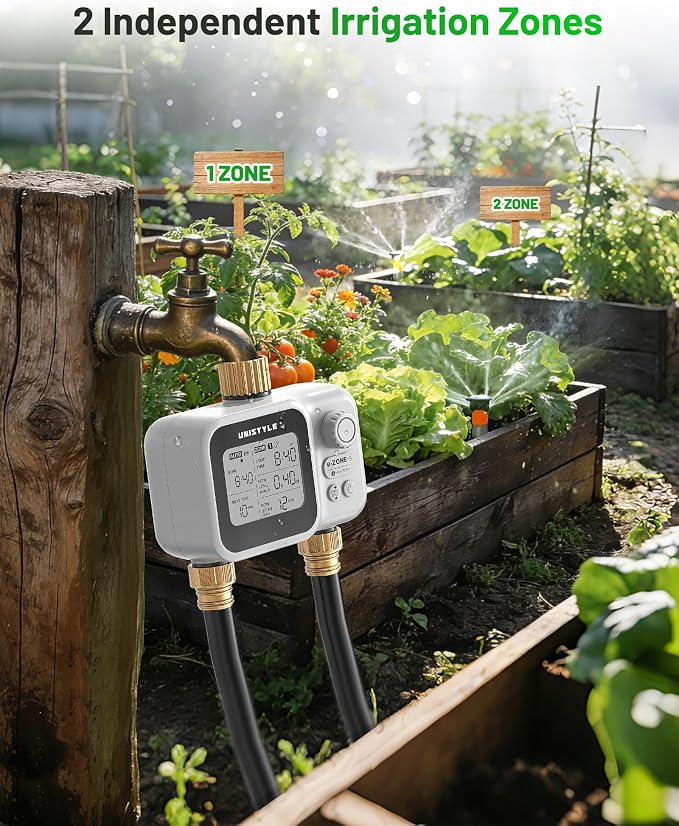 [All-New 2027] 2 Zone Ball Valve Sprinkler Timer Brass Inlet, Low-Pressure Starts at Zero Pressure, Unistyle Water Timer for Garden Hose, Rain Delay, Manual Control, Automatic Irrigation Hose Timers