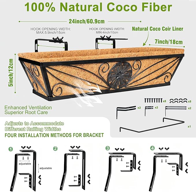 4 Pack 24 Inch Railing Planter Boxes with Coco Liner, Floral Scroll Metal Window Box Planters for Outdoor Plants, Black Hanging Window Baskets for Garden, Patio, Balcony Railing Decor