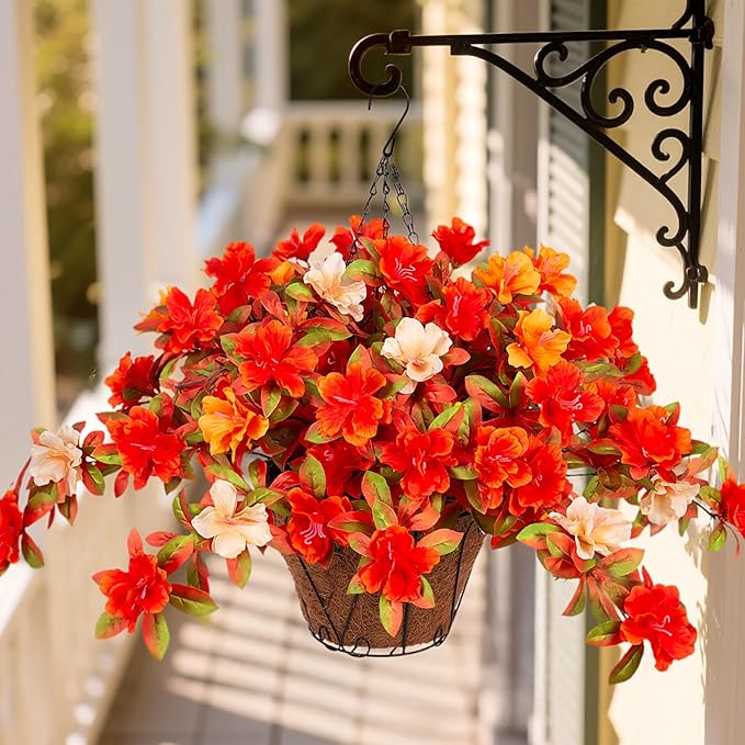 Ammyoo Fall Flowers with Hanging Basket Artificial for Decoration, Fake Silk Rhododendron Flowers for Outdoors, UV Resistant No Fade Floral for Home Garden Balcony Porch Patio Wedding Party Decor