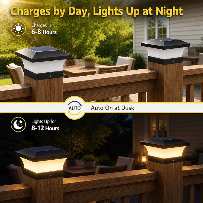 T-SUN 4X4 Solar Post Cap Lights, 6 Pack Warm White LED Fence Post Solar Lights, Outdoor Waterproof Post Lights for Wood & Vinyl Fence Posts, Deck, Patio Railing, Porch, Black