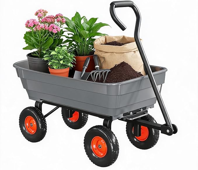 600 lb Poly Garden Dump Cart, Wheelbarrow Yard Cart with 10 in Wheels, Quick-Dump & Towable Utility Wagon with Convertible Handle for Yard, Soil, Rocks（Gray）