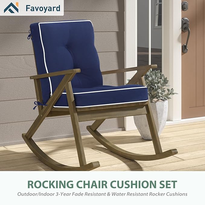 Favoyard Outdoor Rocking Chair Cushion 17 × 17 Inch Water Resistant & 3-Year Color Fastness Patio Chairs Cushions for Rockers Furniture, Set of Seat & Back Thick Tufted Cushion with Tie Straps, Blue