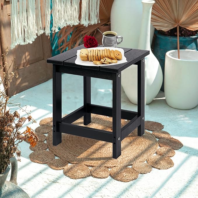 LZRS Square Patio Side Table, Heavy Duty HDPE Outdoor End Table with Wood Texture, Weatherproof Composite Table for Adirondack Chairs, Deck, Pool, Indoor/Outdoor, No Peeling or Cracking(Black)