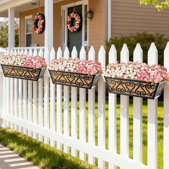4 Pack 16 Inch Deck Railing Planter Box - Window Boxes Planters with Adjustable Brackets Coco Liners Balcony Planters Railing Hanging for Window Flower Boxes Outdoor Garden Decor