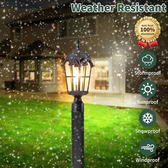Solar Post Lights Outdoor with Bulb Dusk to Dawn Lamp Posts Outdoor Lighting Waterproof Solar Post Lamp Anti-Rust Exterior Pole Light Outside Pole Lighting for Yard Pathway Driveway Fence