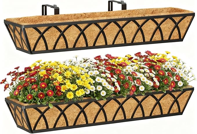 Y&M 2 Pack Hanging Railing Planter Boxes, 30 Inch Adjustable Balcony & Deck Planter, Heavy Duty Metal Flower Box for Porch, Fence & Window, Outdoor Plant Holder