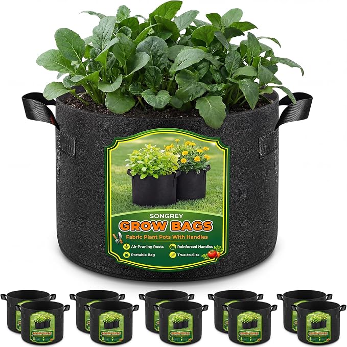 Songrey 10-Pack 3 Gallon Grow Bags, Thickened Nonwoven Fabric Pots with Handles, Heavy Duty Garden Planter for Tomato, Vegetables and Flower