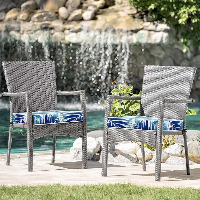 Patio Chair Cushions 18.5x16 Inch, Water Repellent Outdoor Seat Cushions with Adjustable Straps, Fade Resistant Replacement Cushions for Garden Deck Sofa Couch, Set of 2, Blue Leaf