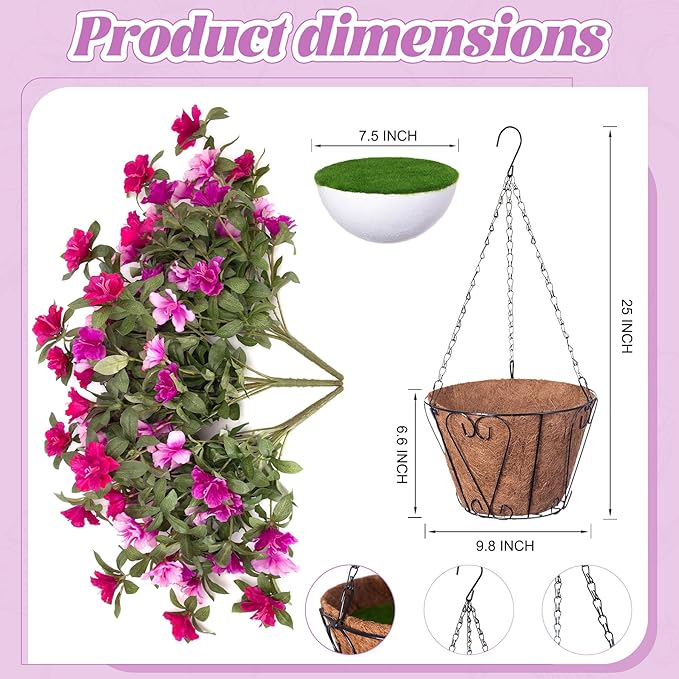 Ammyoo Artificial Hanging Flowers for Outdoors Hanging Baskets, 3 Pcs Fake Silk Flower with Hanging Baskets Planter for Spring Summer Garden Porch Patio Yard Outside Decor