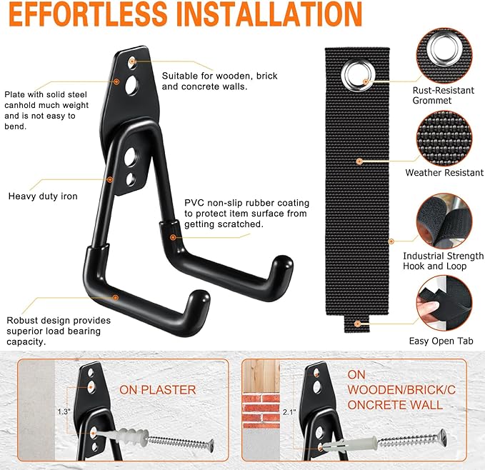 HUPBIPY 26 Pack Garage Hooks Heavy Duty Utility Steel with Anti-Slip Coating Wall Mount Storage Organizer for Hanging Power and Garden Tools, Ladders, Hose, Bikes, Ropes, Bulk Items, and More