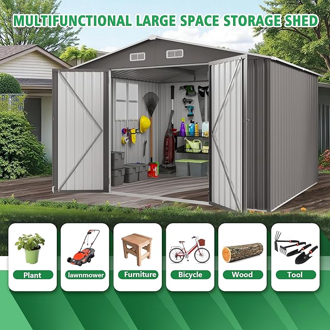 YOPTO 10x12 FT Outdoor Storage Shed,Large Metal Garden Shed with Double Door and Two Windows Waterproof Tool Shed for Backyard Patio Lawn Poolside,Grey