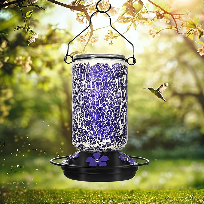 Glass Hummingbird Feeder,Purple Hummingbird Feeders for Outdoors Hanging, 19 Ounces, Mosaic Bottle Easy to Clean, 5 Feeding Ports, Ant Moat Included