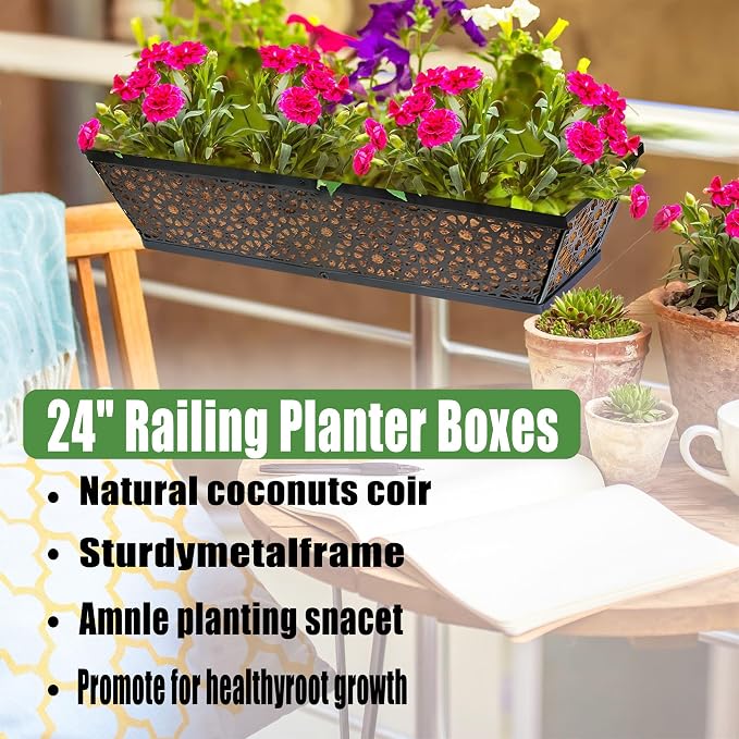 Railing Planter Window Boxes Round Hole Horse Trough Planter with Coco Fiber Liner Deck Balcony Rail Planters Black Metal Hanging Flower Planters Window Basket for Outdoor Porch (2 Pack, 24 Inch)
