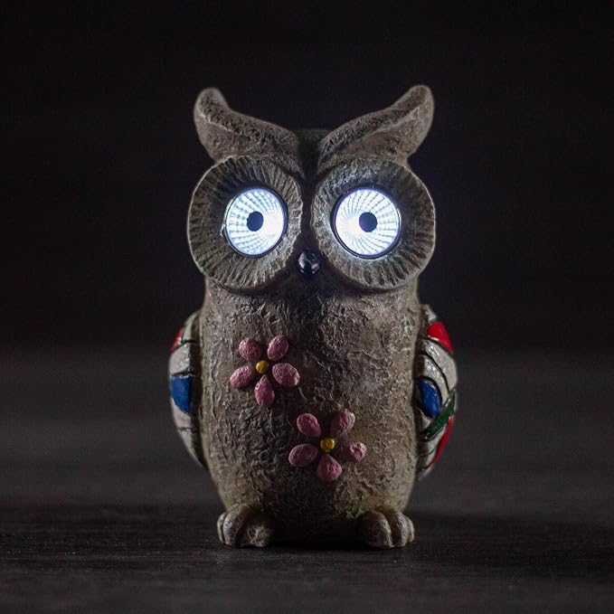 Solar Garden Owl Statue - Decorative Owl Figurine with Solar Powered Eyes, Gray Stone-Look Finish for Outdoor Decor