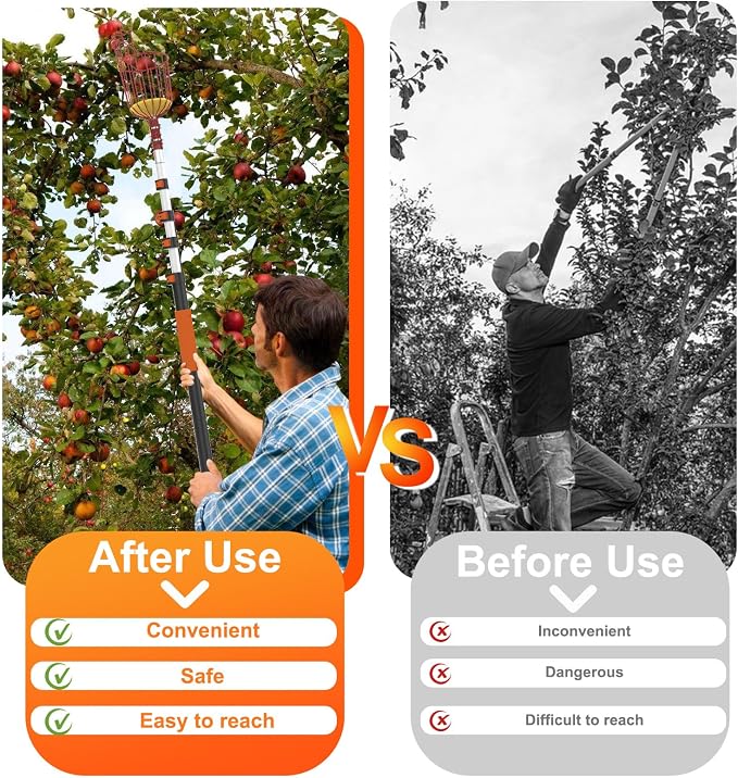 LAANPOLE 26FT Reach Fruit Picker Pole with Basket Telescoping, Apple Picker with 5-20FT Telescoping Pole for Apple Orange Lemon Mango Avocado Guava Fruit Picking