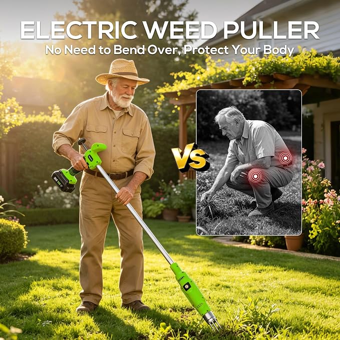 LITEKON Electric Cordless Weed Puller Tool, 20V Battery Powered Stand Up Weeder with 2.0Ah Battery & Fast Charger, Puller Tool with Long Handle, Crabgrass Piller& Dandelion Remover for Garden, Green
