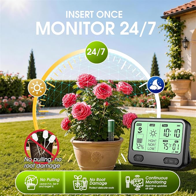 Soil Moisture Meter for Plants,4-in-1 Wireless Soil Tester,Soil Thermometer/Moisture/Sunlight Time,Large Screen,Indoor/Outdoor Plant Water Meter,Garden Soil Test Kit for Lawn,Farm,Houseplants